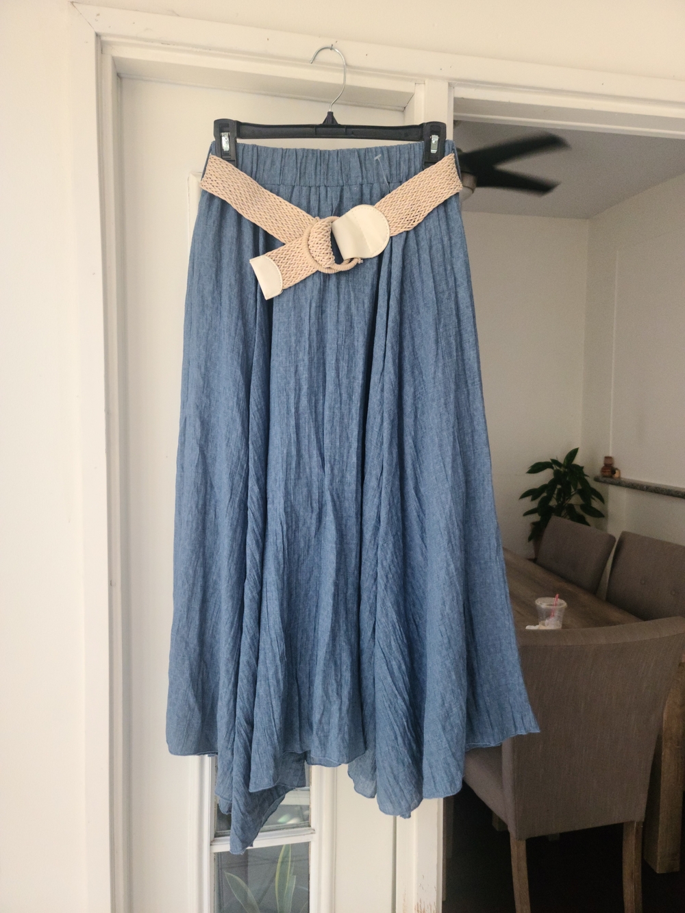 Blue Pleated Maxi Pants with Woven Belt